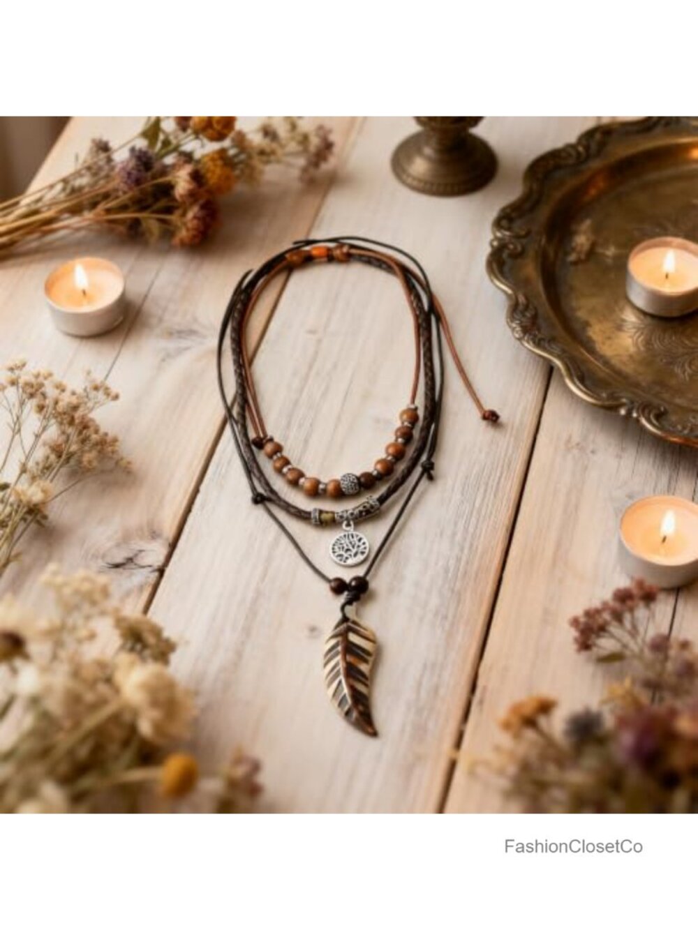 3-Layer Boho Beaded Necklace Leaf Fishbone Pendant Western Style - Picture 6 of 6